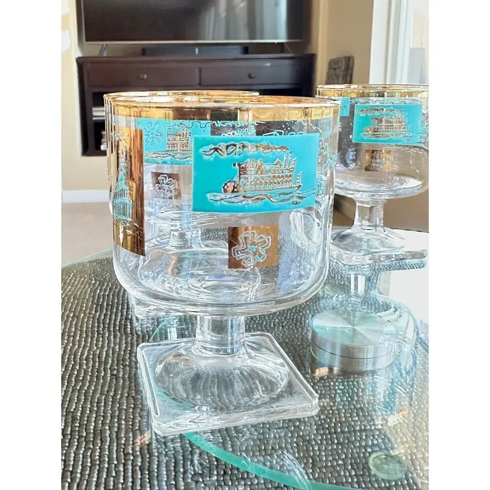 Set of 4 Vintage Southern Comfort Steamboat Glasses – Mid 50s  Bar with Gold Rim